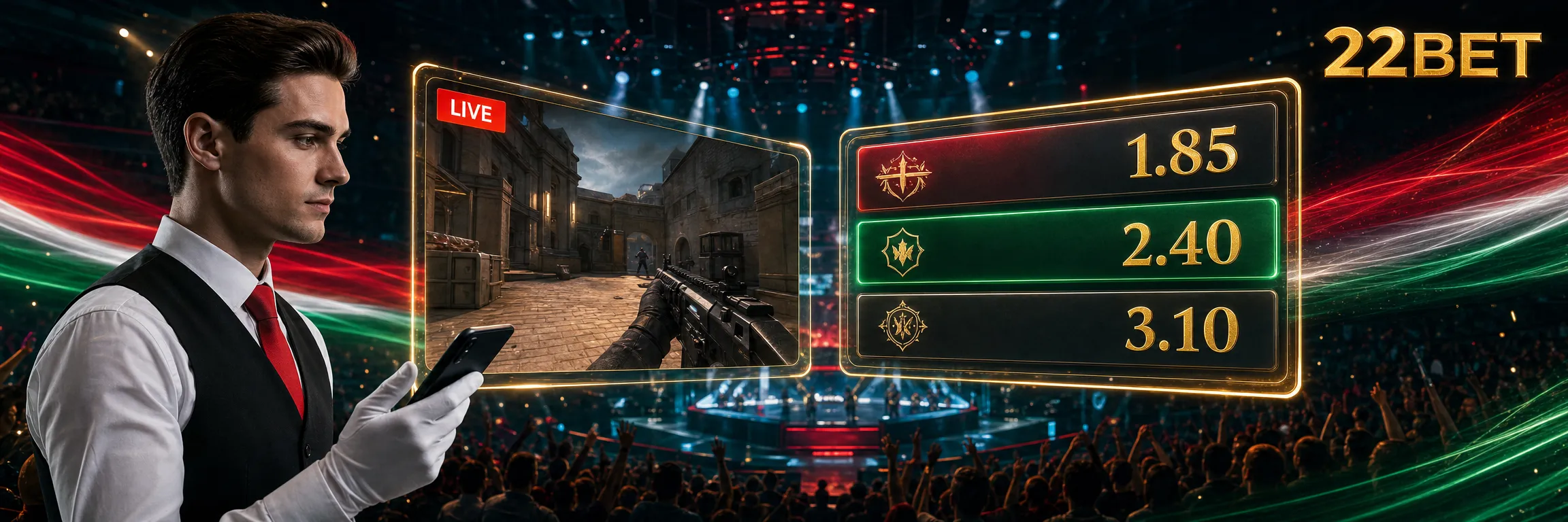 Élő fogadás a 22Bet-en e-sport arénával, oddspanellel és streammel